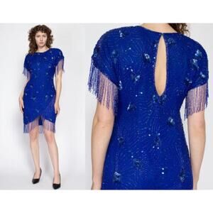 Vintage Laurence Kazar Womens Size L  Blue Beaded Fringe Cocktail Dress